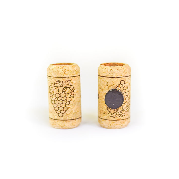 two drilled out wine cork magnets