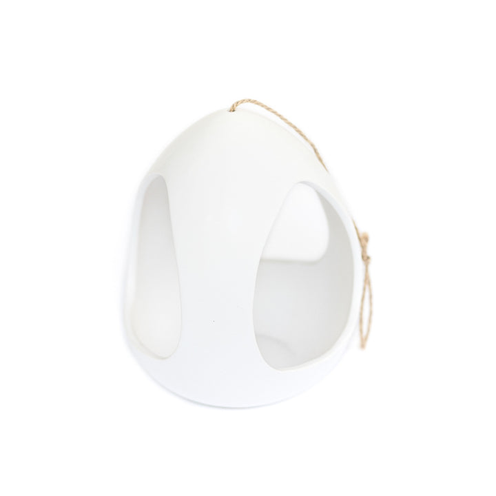 large white ceramic pod with hemp string for hanging