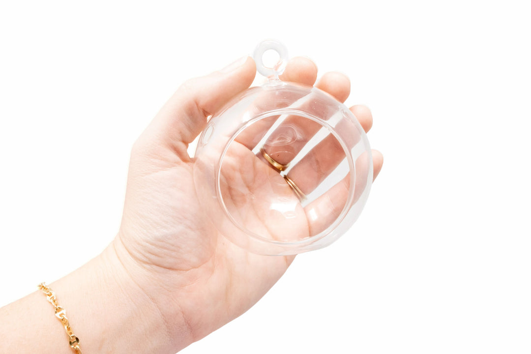 hand holding a mini glass globe terrarium with flat bottom and hook for hanging